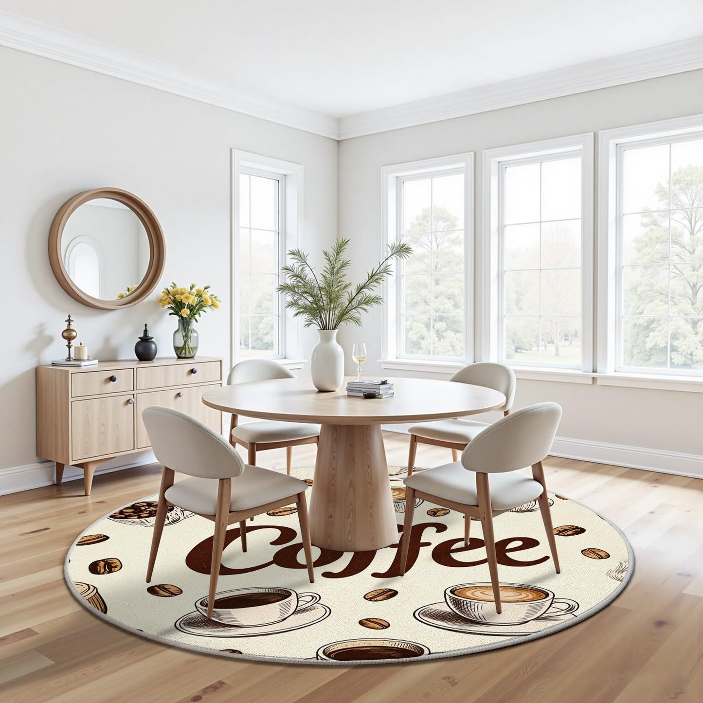 Egljss 4ft Round Rug, Coffee Bean Circle Area Rug for Living Room, Coffee Cup Round Carpet for Bedroom, Brown Farmhouse Circle Washable Rugs for Dining Table, Rugs Non Slip Kitchen