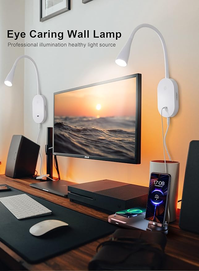 deeloop LED Wall Mount Reading Light for Bed, Reading Lamp with USB Output 5 Brightness Levels Touch Control Book Lights, 4000K Bedside Lamp Flexible Gooseneck, 2 Easy Install Options
