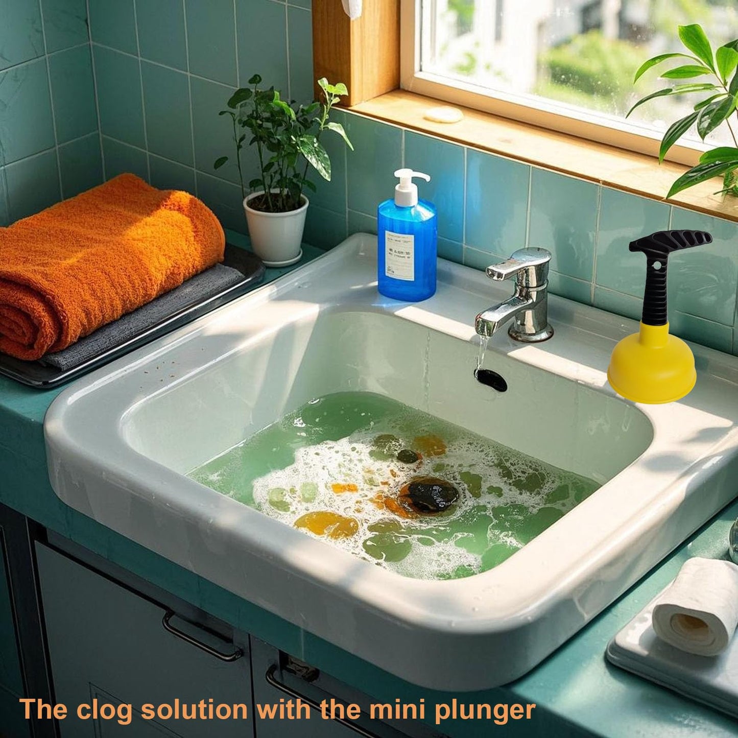 Mini Sink & Drain Plunger with Short Handle - Heavy-Duty Rubber Cup & Ergonomic Grip for Powerful Suction, Unclog Slow Drains in Sinks, Tubs, Showers, Bathrooms, Kitchens, Compact, Space-Saving Design
