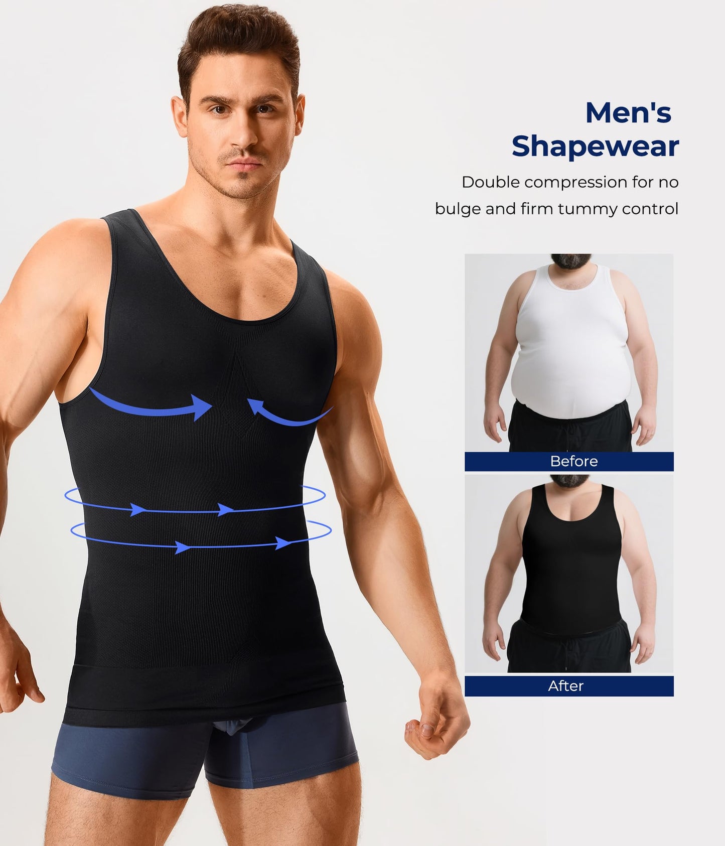 TAILONG Men's Compression Shirt - Slimming Body Shaper, Waist Trainer, Workout Tank Top, Abdomen Undershirt (Black, Medium-Large)