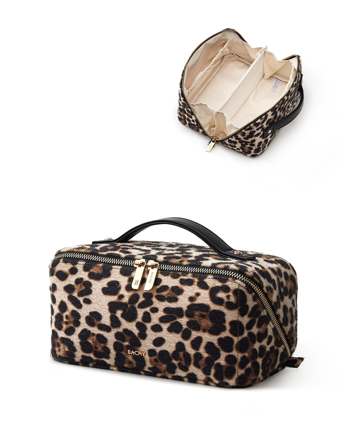 EACHY Travel Makeup Bag for Women, Large Leopard Print Cosmetic Bag with Upgraded Sturdy Zippers, Waterproof Leather Toiletry Organizer Pouch for Skincare Accessories