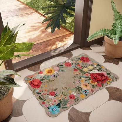 Washable Entryway Small Area Rugs: Door Mat Indoor Entrance 2x3 Floral Rug Ultra Thin Stain Resistant Non Slip Low Pile Lightweight Carpet for Kitchen, Front Door, Small Spaces Decor (Khaki)
