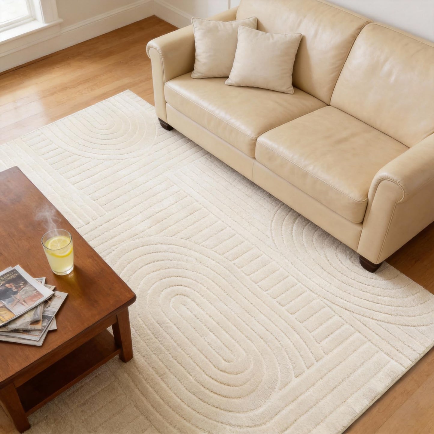 MATIIUI 5x7 Geometric Solid Beige Area Rug – Washable, Durable Non-Slip Indoor Carpet with Soft High-Low Pile, Fluffy Floor Rugs for Living Room, Bedroom, Bedside, Kids Room, Nursery,Home Office Décor