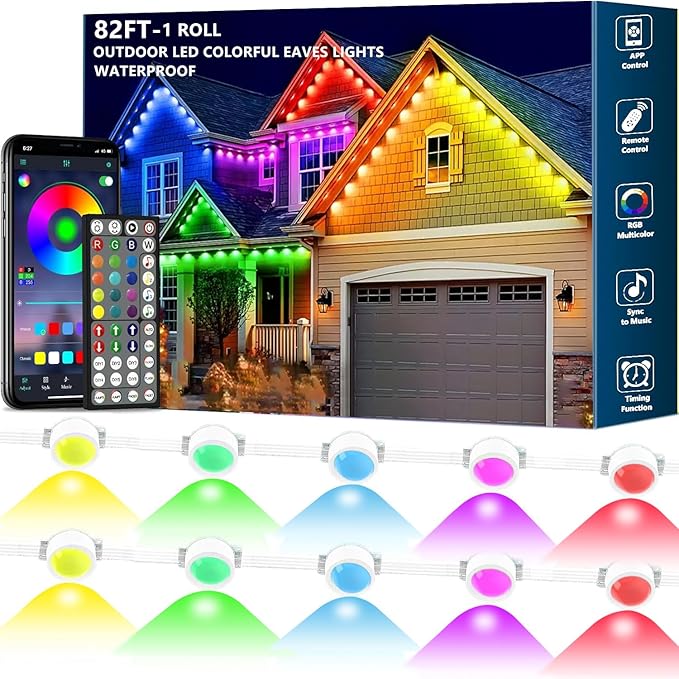 82FT Permanent Outdoor RGB Light,IP67 Waterproof Smart LED Eaves Light with App/Remote Control,for Christmas and All Holiday Decor,Daily and Accent Lighting,House Roof and Garden Lighting