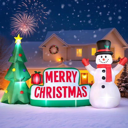 FunFanso 10 FT Long Christmas Inflatable Merry Christmas Sign Outdoor Decorations, Blow up Xmas Sign with Christmas Tree and Snowman, Built-in LED Lights for Yard Lawn Garden Holiday Party Home Porch