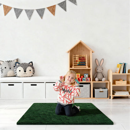 Ehayx Dark Green Rugs for Bedroom, 2x3 Fluffy Area Rugs for Living Room, Small Fuzzy Shag Soft Carpet with 4 Non-Slip Adhesive Strips for Kids Boys and Girls Nursery Dorm Home Decor (2ft X 3ft)