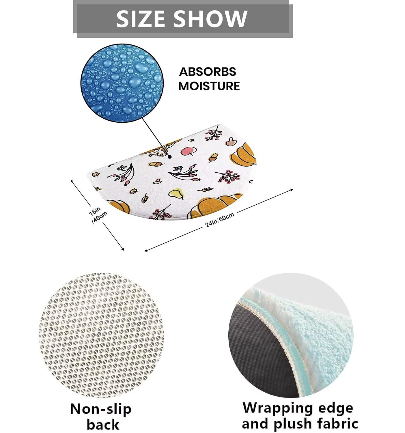DXTDDBD Black Half Round Door Mat Indoor Entrance Mat Absorbent Doormats Area Rugs Non-Slip Semi Circle Floor Mats for Home Kitchen 16x24 Inch