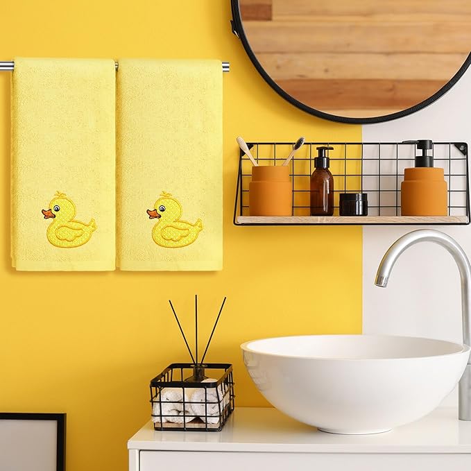 2 Pcs Rubber Ducky Hand Towels Yellow Bathroom Decor 14x29 Inch Embroidered