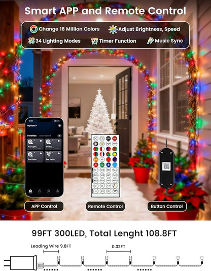 Smart Color Changing Christmas Lights with Remote & APP, 109FT 300 LED RGB Dimmable Christmas String Lights, Waterproof Fairy Twinkle Light for Indoor Outdoor Xmas Tree Wedding Holiday Decorations
