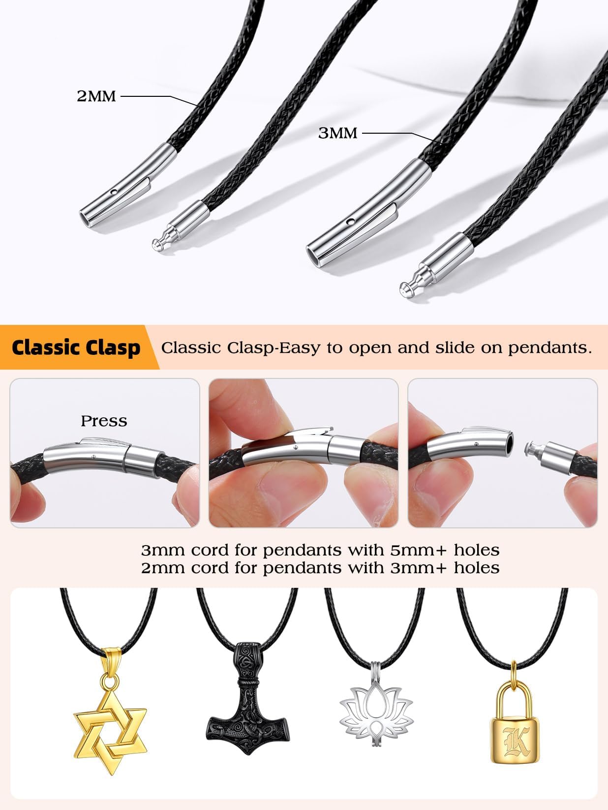 Bestyle 2MM Black Leather Necklace for Men Women,Waterproof Wax Woven Rope Chain with Stainless Steel Clasp, Leather Cord Necklace for Pendants 30"