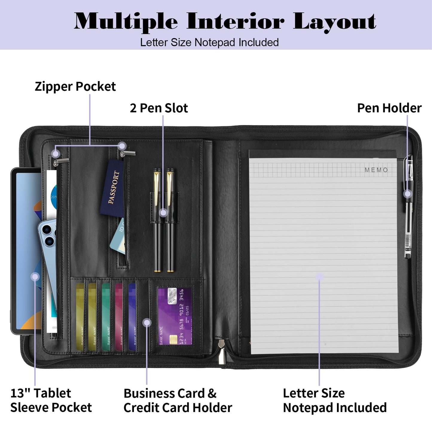 Leather Padfolio Portfolio Binder Organizer, with 25 Pages Notepad & 13" Tablet Sleeve, Professional Conference Meeting Business Zipper Folder for Letter Size A4 Legal Writing Pad Document Men Women