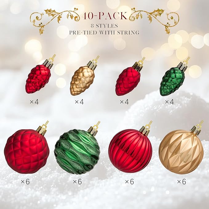 JORNOY Christmas Tree Ornaments - 2.36inch/60mm Shatterproof Ornaments for Christmas Tree Set Plastic Decorative Hanging Balls Ornaments for Xmas Tree Decorations, 40ct (Red & Green & Gold)