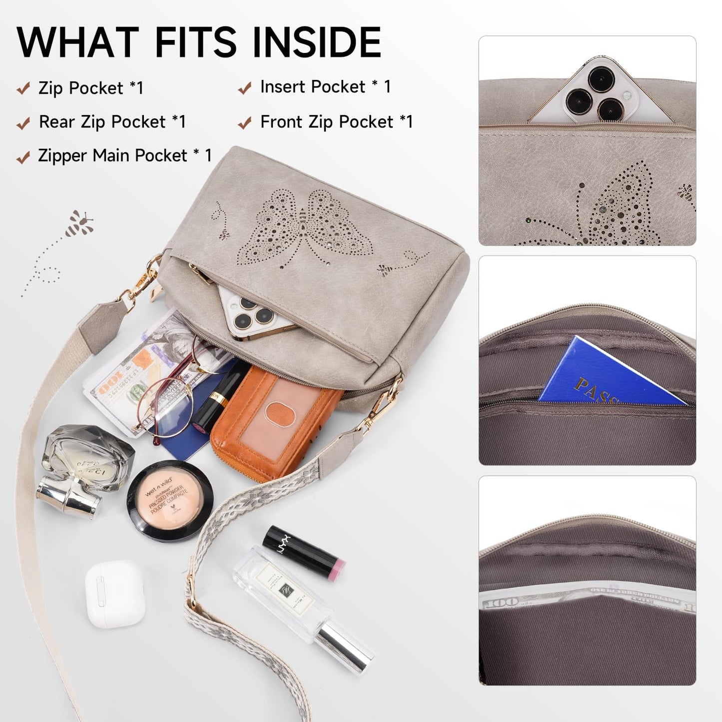 KITEVIUN Crossbody Bags for Women, Vegan Leather Phone Purse Triple Zip Butterfly Women’s Shoulder Handbags with Wide Strap Gray