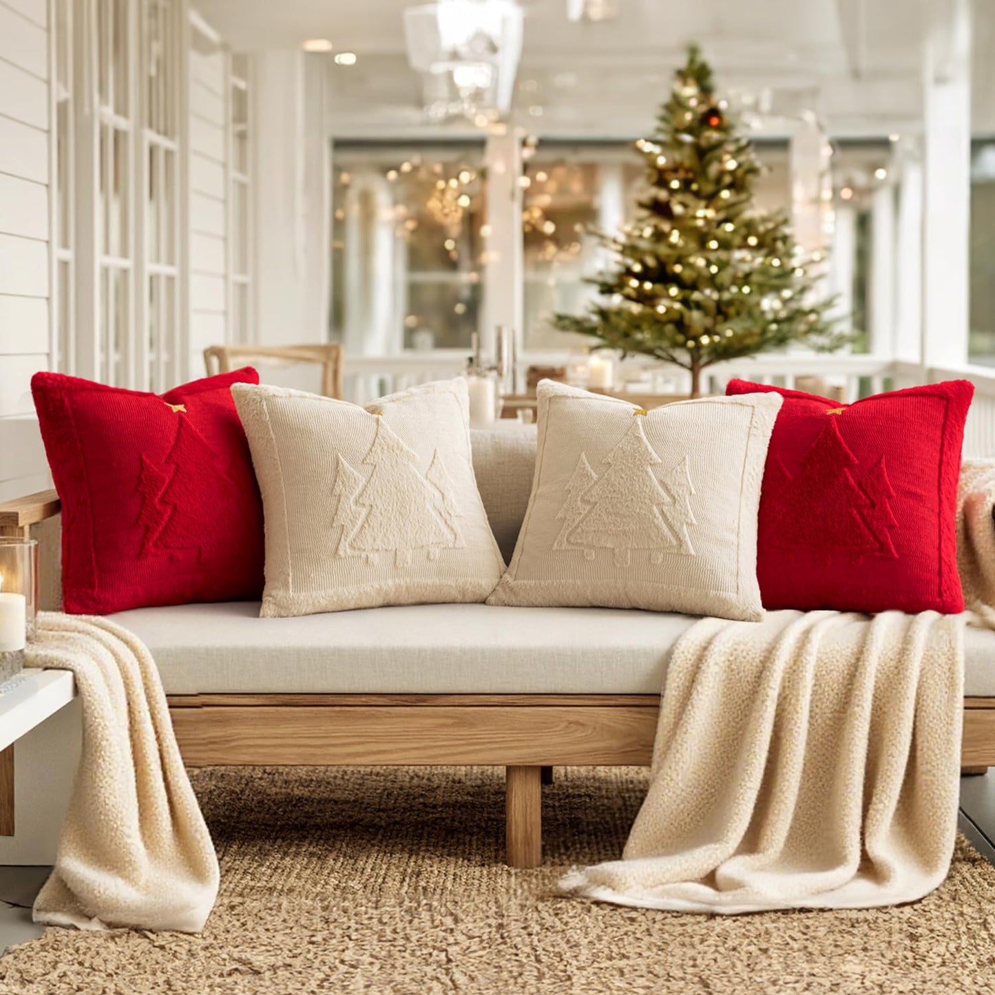 MIULEE Christmas Trees Pillow Covers Set of 2 Decorative Soft Throw Pillows Plush Faux Fur Wool Embroidered Couch Cushion for Holiday Winter Home Decor Chair Sofa Bedroom Living Room,Beige 18x18inch