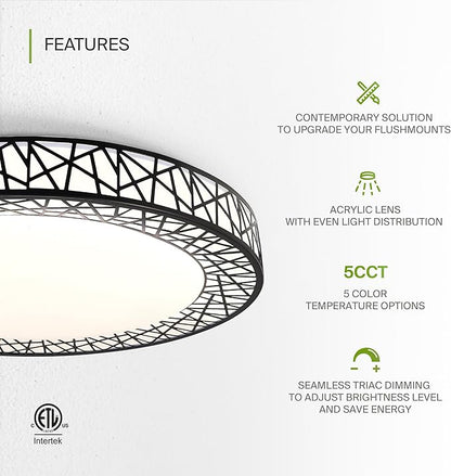 ASD 18 Inch LED Flush Mount Ceiling Light Fixture for Bedroom, 35W 1992LM 5CCT 2700K-5000K, Triac Dimmable Lights, Dining, Living Room, Kitchen Lamps, Modern Home Lighting Fixtures, Black, ETL