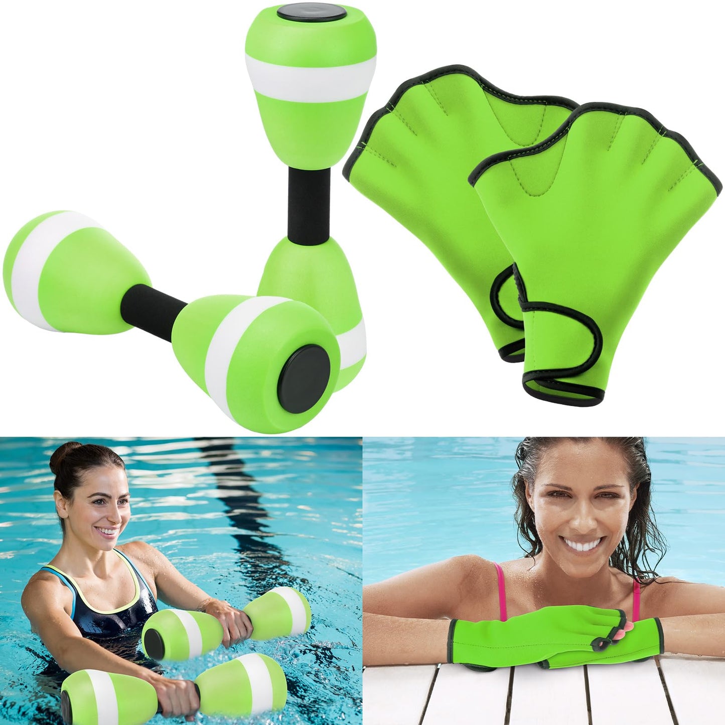 Seenelling Water Aerobics Set for Aquatic Exercise 1 Pair Neoprene Swimming Glove 2 Pcs Foam Aquatic Dumbbells Water Weights Equipment Pool Resistance Fitness Equipment for Training Workouts(Green)