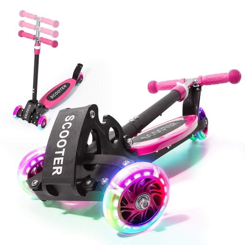 Kids 3-Wheel Kick Scooter – Adjustable Height, Gravity Steering, & LED Wheels, Foldable for Travel, Durable Metal Frame Supports up to 180 lbs