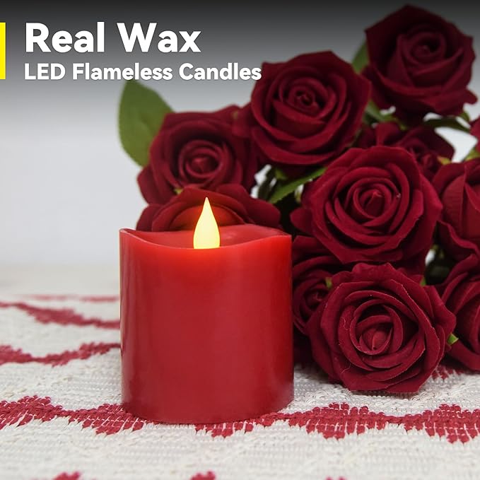 Red LED Pillar Candles 3x3 Inch - Battery Operated Flameless Candles with Remote Timer & Realistic Flickering Flame, 600+ Hours Lasting for Christmas Halloween Home Decor (1-Pack)