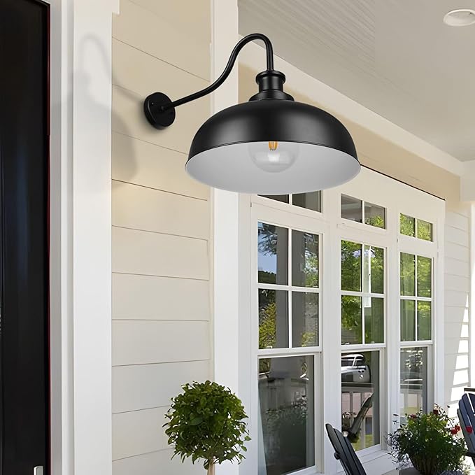 Outdoor Gooseneck Barn Light,16 Inch Dome Outdoor Wall Sconce Farmhouse Exterior Wall Mount Light Vintage Wall Lighting Fixture Industrial Black Wall Lantern for Porch, Entryway, Garage, 1 Pack
