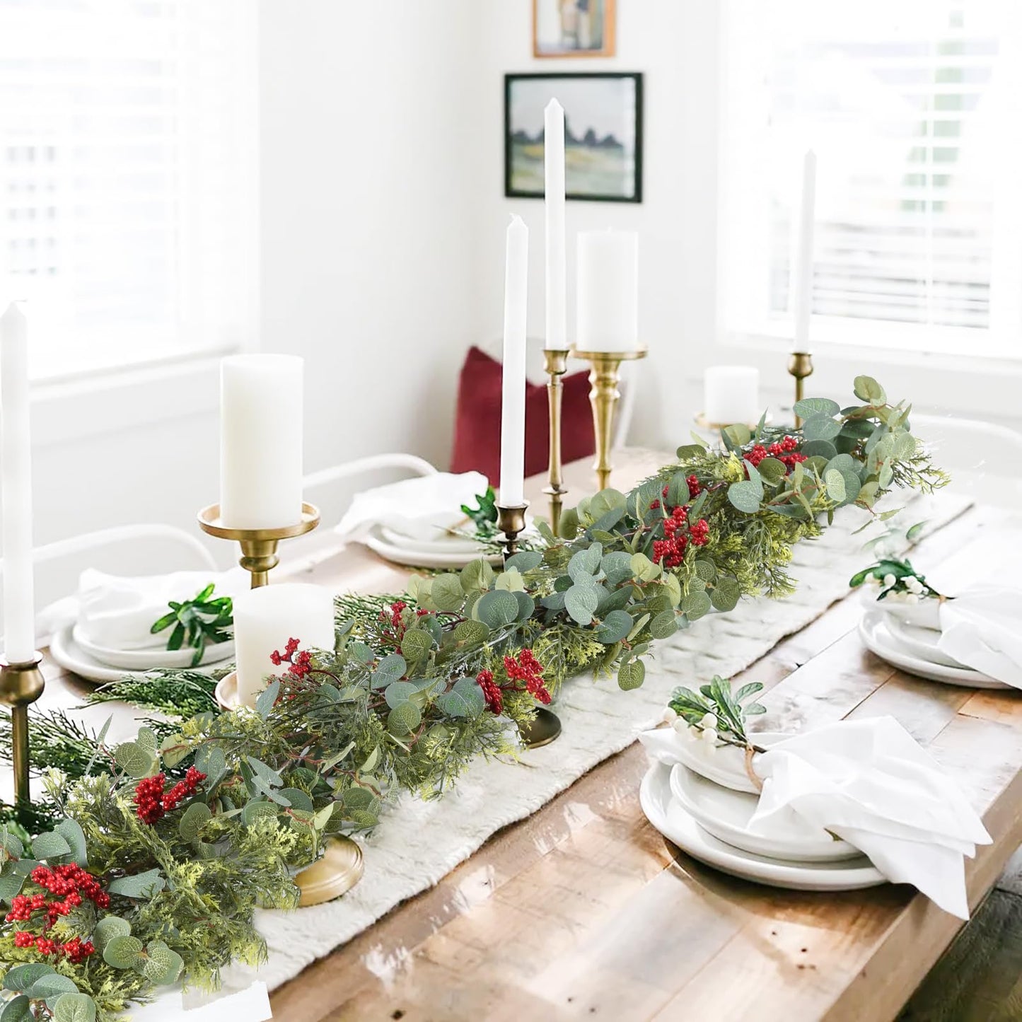 JoyHome 6ft Pine Christmas Garland, Artificail Red Berry Garland Christmas with Eucalyptus Leaves Cypress Garland for Home Decoration Holiday Mantel Table Decor
