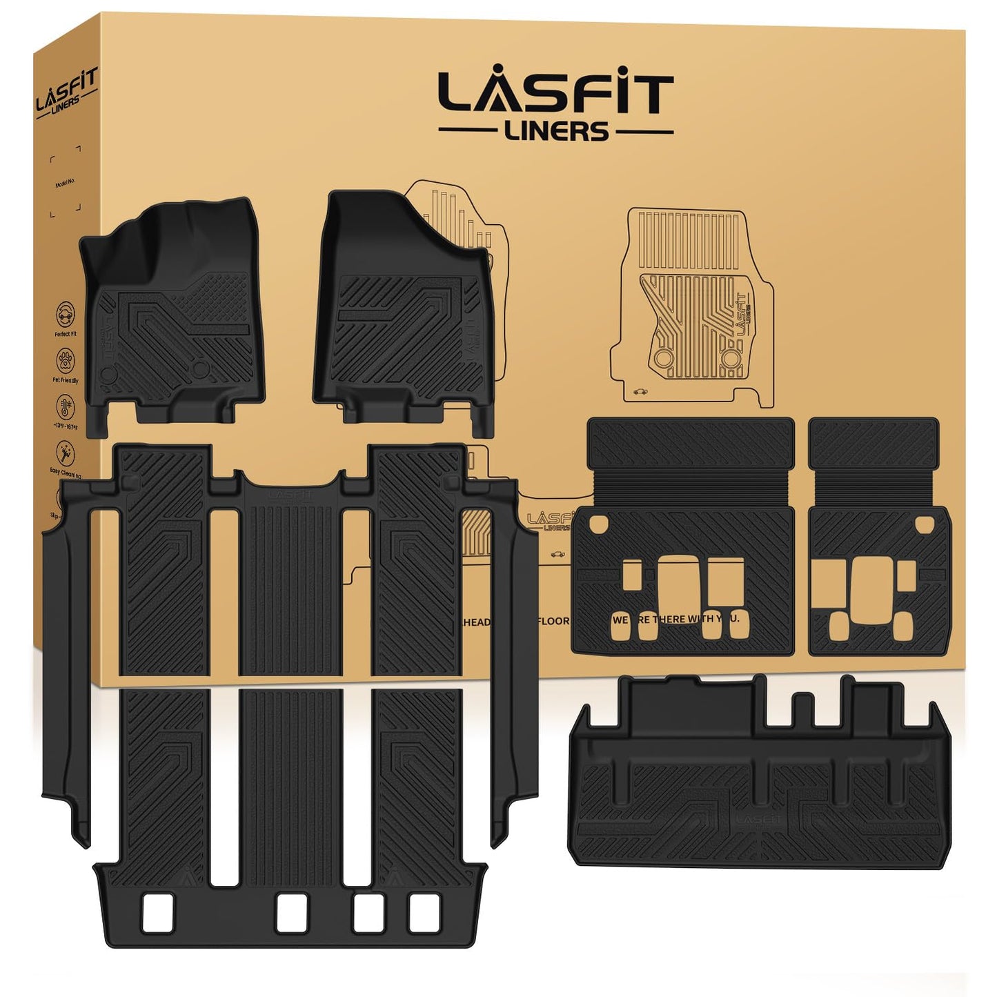 LASFIT Floor Mats & Cargo Liner for Toyota Sienna 7 Seat 2013-2020 (Not Fit Sliding Center Console) All Weather TPE Custom Fit Floor Liners & Trunk Mat for Sienna 7 Seat Full Set Mats Accessories