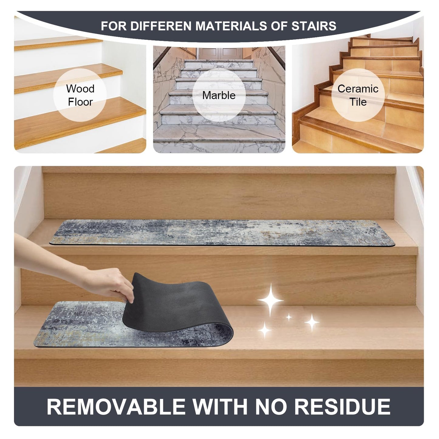 Tiveney Stair Treads Non Slip for Wooden Steps, 15PCS 8"x30" Grey Rubber Backing Stair Runner Mats, Washable Reusable Carpet for Stairs Rugs Indoor Safety Staircase Step Treads for Kids Elders Dogs