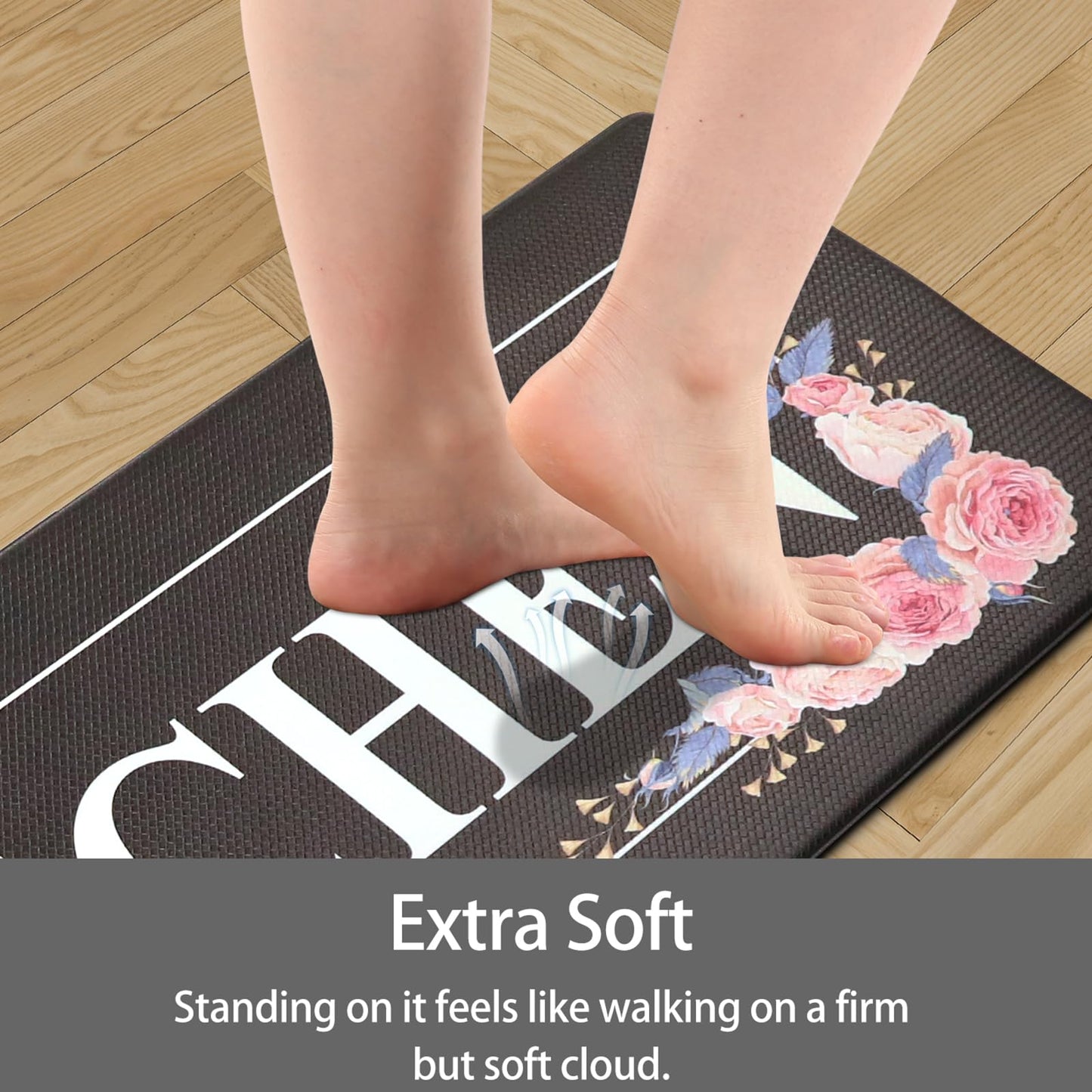 Floral Kitchen Mat Sets 2PCS Non Skid Waterproof Kitchen Rugs and Runner Sets Cushioned Anti-Fatigue Comfort Mat for Home,Office Memory Foam Kitchen Rug, 17.3"x30"+17.3"x47", Black/Pink