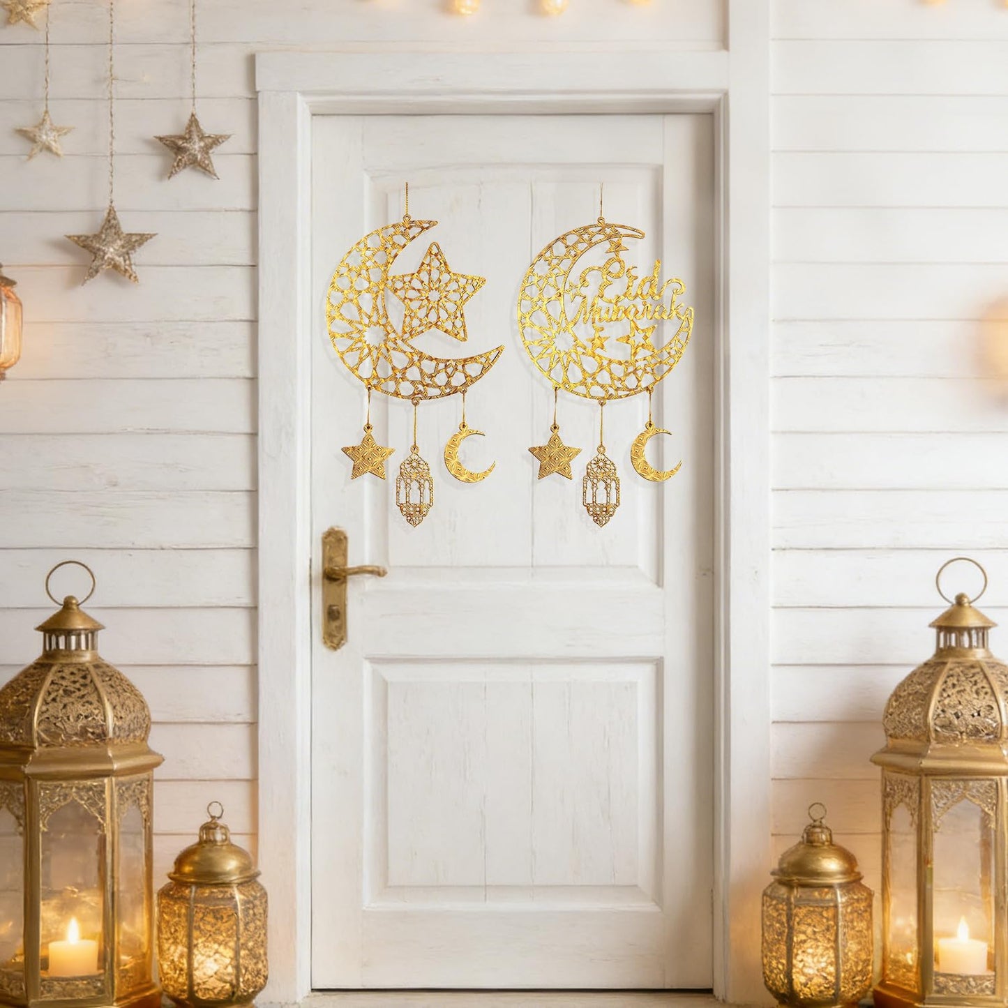 iLifemate Eid Decorations for Home, Eid Mubarak Moon & Star Wooden Hanging Ornaments – Gold Islamic Crescent Moon for Eid al-Fitr Sign, Muslim Home Decor, Eid Gifts, Ramadan Party Wall Door Wreath
