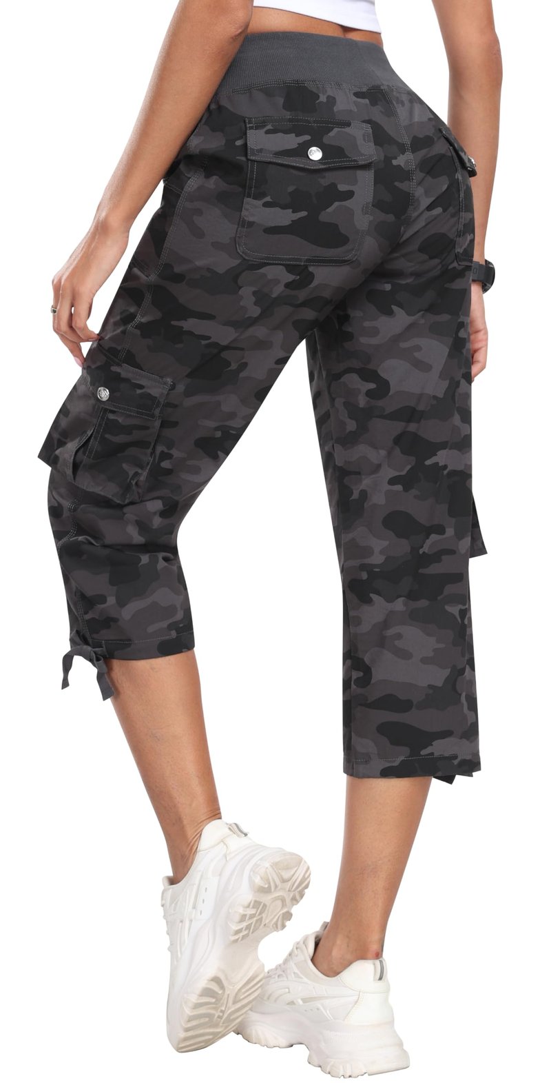 MoFiz Womens Capris with Pockets Loose Fit Casual Capri Pants Dressy Lightweight Ladies Baggy Cargo Pants for Hiking Camo Gray S