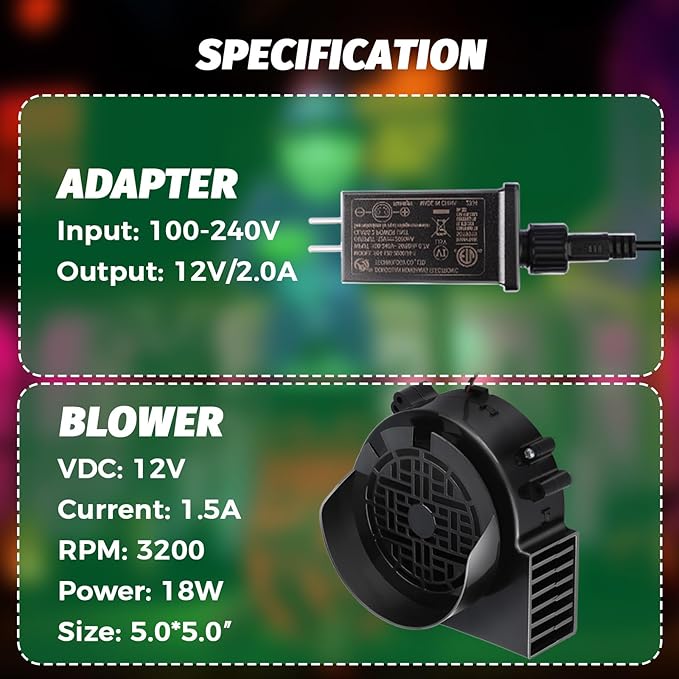 2-Pack Inflatable Fan Replacement, 1.5A Air Fan Blower with 2.0A Adapter and 5 LEDs Bulbs Light Strings for Halloween, Thanksgiving and Christmas Inflatables (IP68 Waterproof, 5.0 * 5.0'')