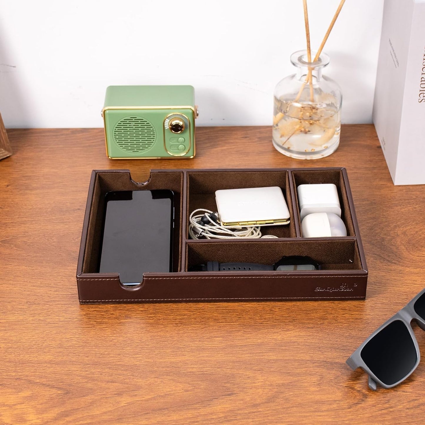 Mens Valet Tray for Nightstand Bedside and Entry Table Faux Leather Catchall Tray for Phone,Watch,Glasses,Wallet,Jewelry and Keys Dresser Organizer Valet Charging Station Gifts for Dad (All Brown)