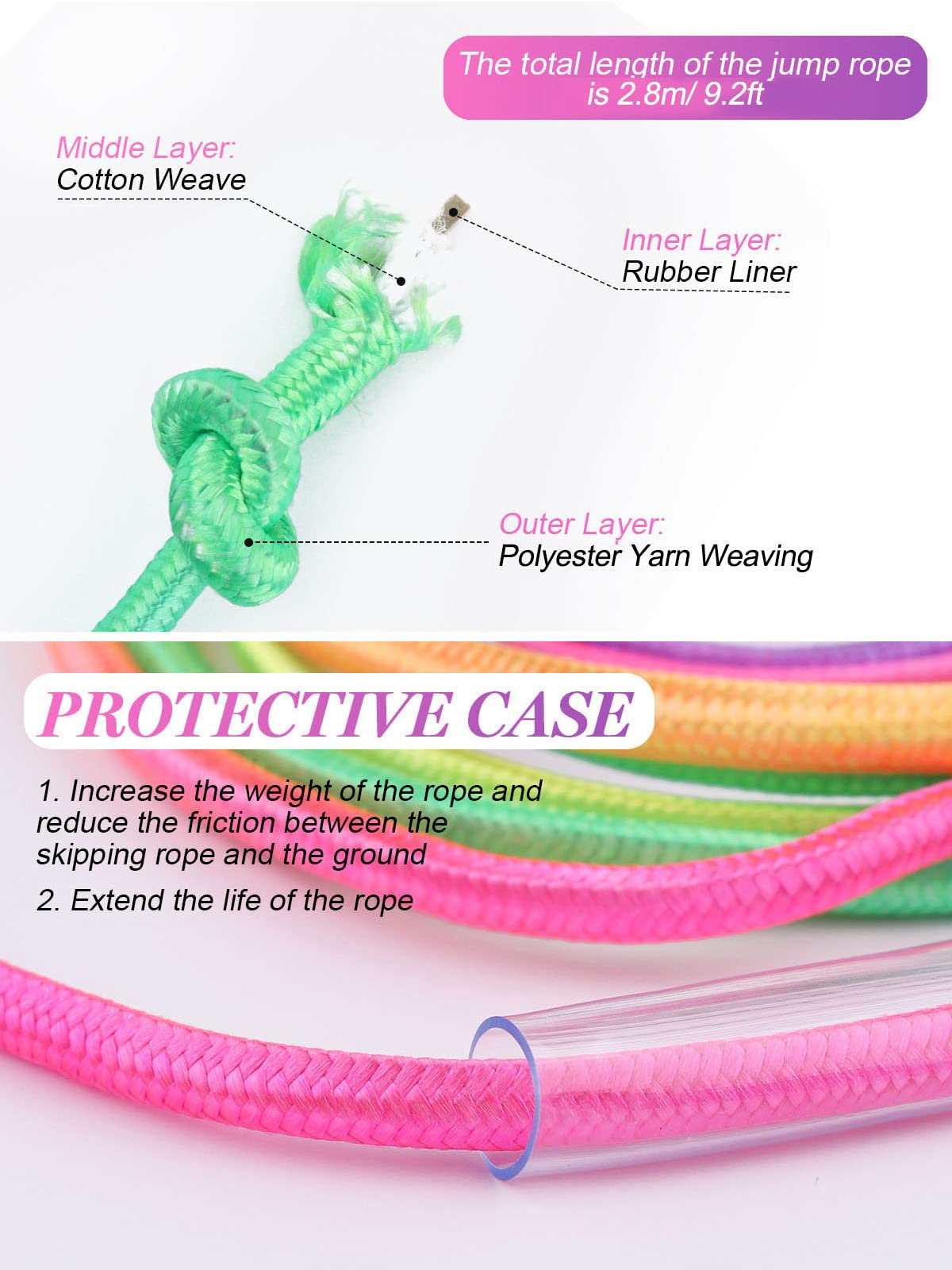2 Pcs Jump Rope for Kids Adjustable, Lorvain Rainbow Skipping Rope, Kids Jump Ropes with Wooden Handle for Girls Boys, Weighted Jumping Ropes for Fitness Workout Exercise Outdoor Fun Activity