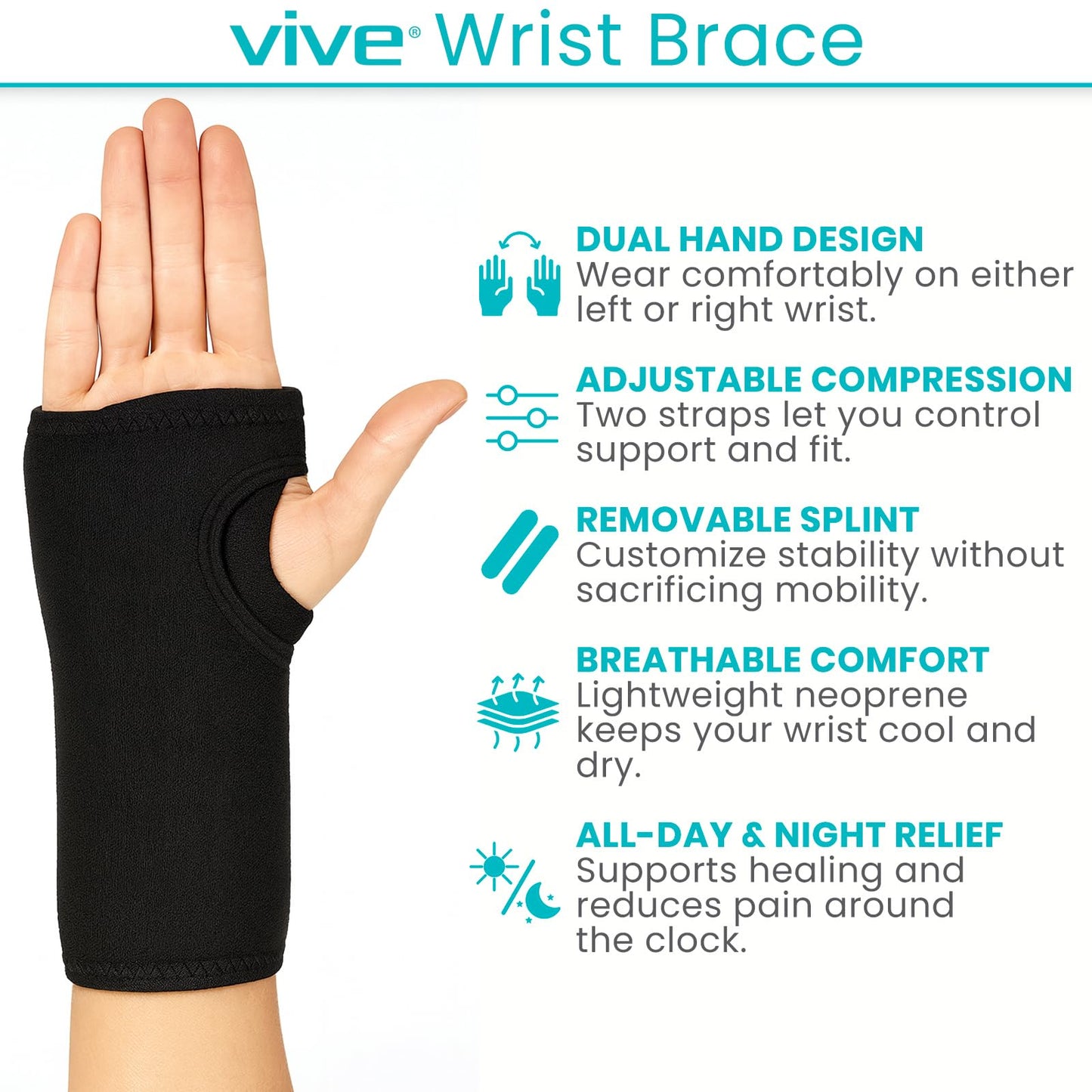 Vive Wrist Brace - Carpal Tunnel Hand Compression Support Wrap for Men, Women, Tendinitis, Bowling, Sports Injuries Pain Relief - Removable Splint - Universal Ergonomic Fit (Black, Right)