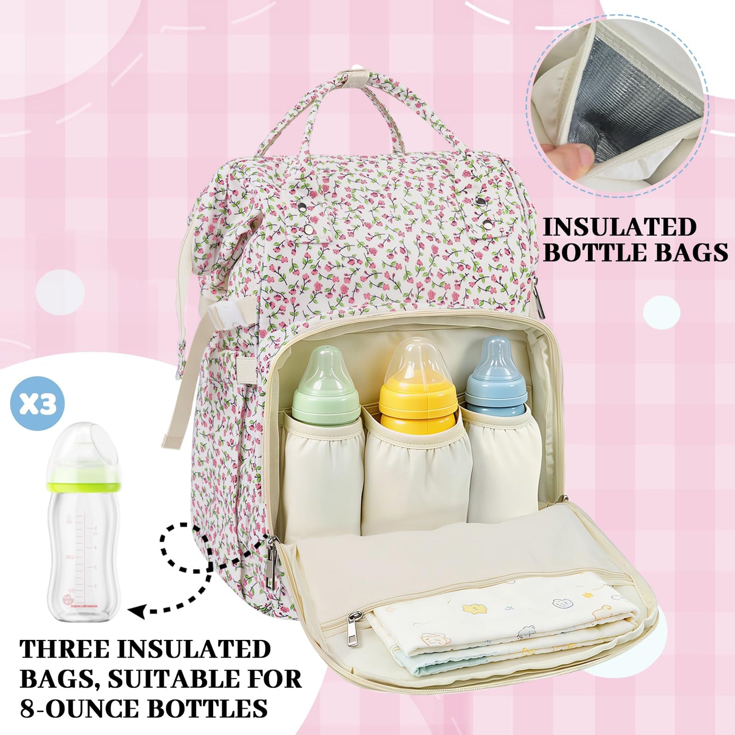 rain bunny Diaper Bag Backpack, Baby Diaper Backpack for Mom, Large Capacity Travel Nappy Bag for Boys Girls with Stroller Straps (Pink)
