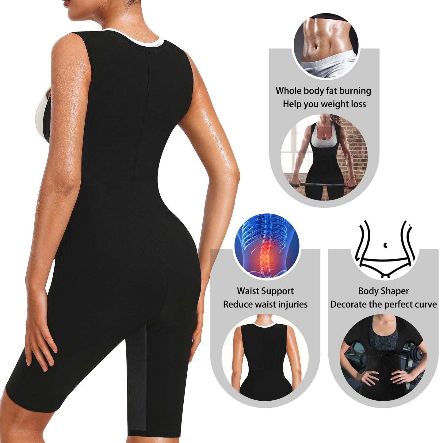 LMCOB Sauna Suits for Women Full Body Sauna Waist Trainer Vest Workout Sweat Suits Sauna Jumpsuits Slimming Body Shaper With Zipper(LYBH70016-01-S)