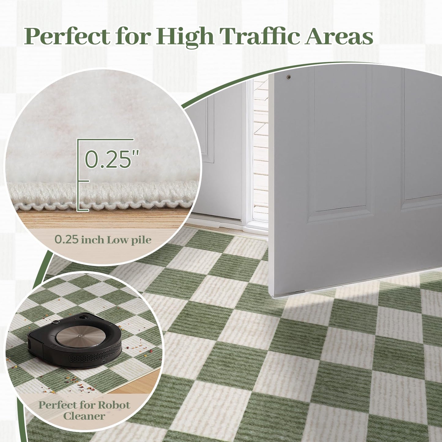 LIVEBOX 4x6 Washable Area Rug Checkered, Non-Slip Small Entryway Rug Green Farmhouse Neutral Geometric Kids Boys Rug for Bedroom Living Room Low-Pile Carpet for Classroom Playroom(Sage Green 4'x6')