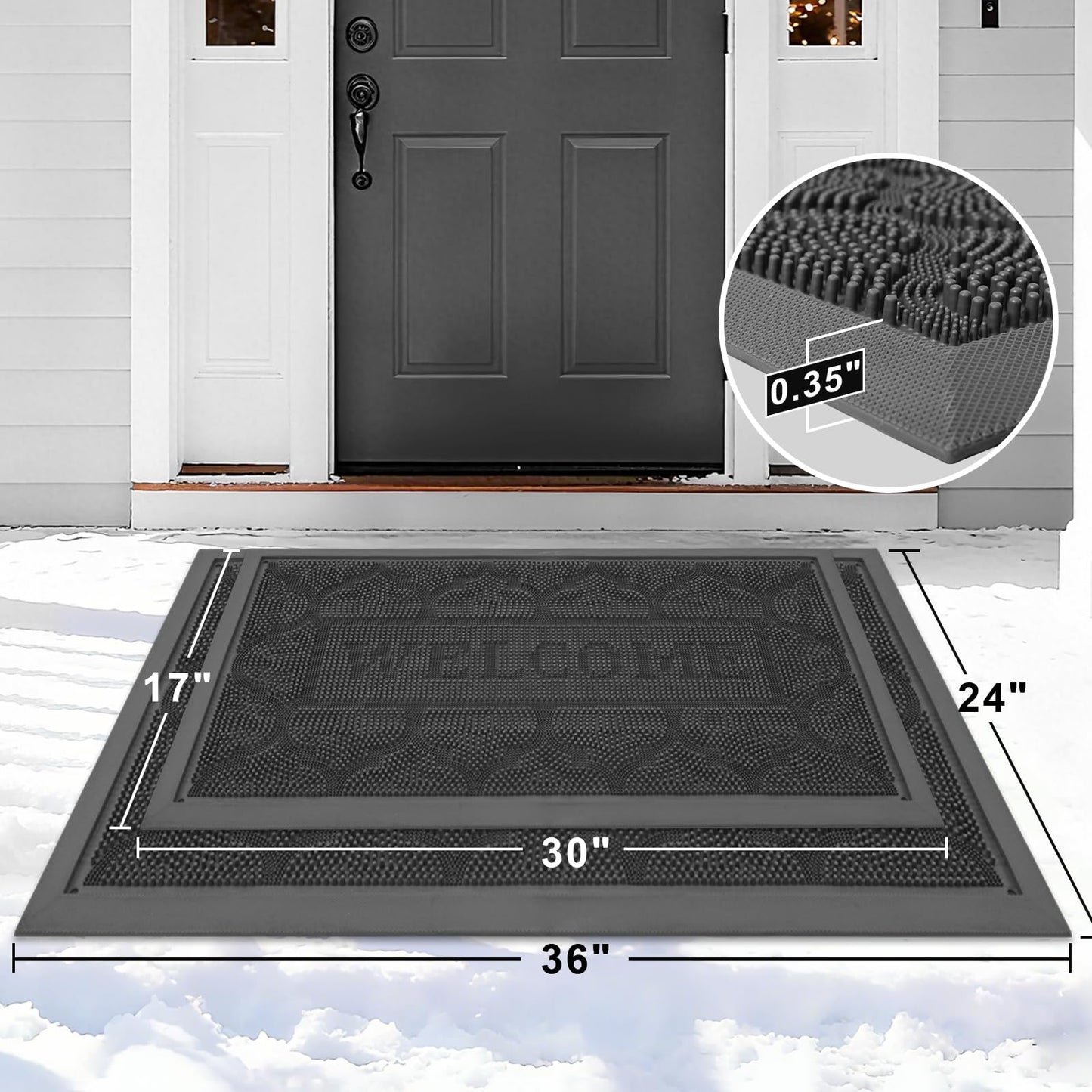 FRAMICS Front Rubber Door Mat Outside Entrance, 24x36 Doormat Heavy Duty Welcome Mat Dirt Trapping Non Slip Waterproof Door Mats for All Weather Patio Porch Garage Garden, Grey