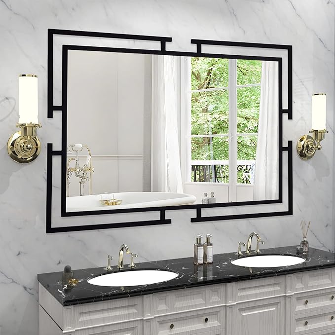 Large Decorative Wall Mirror for Bathroom, 48"x32", Tempered Black Mirror Wall Decor with Metal Frame for Living Room, Entryway, Horizontal/Vertical