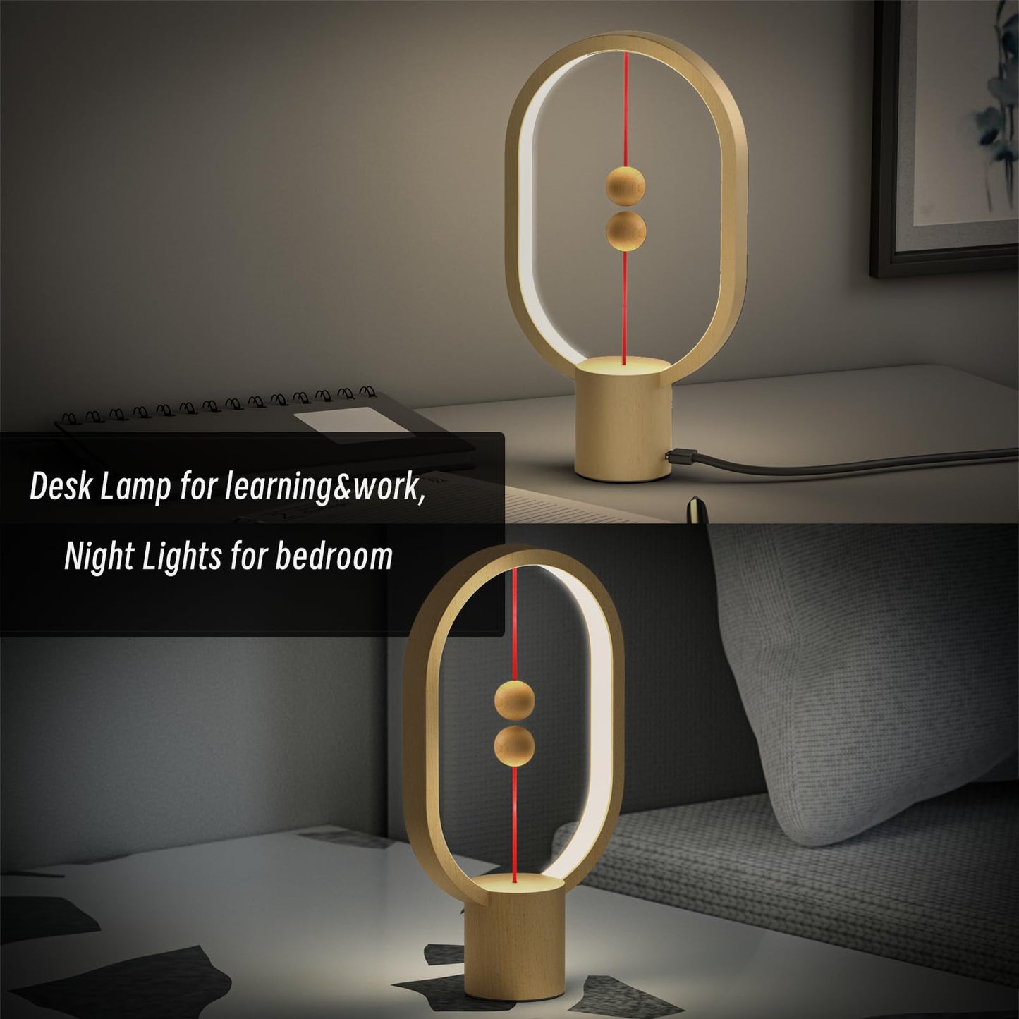 Xhope4u Bedroom Lamps - Mini Balance Lamp, Bedside Lamp, Nightstand Lamp, 3 Level Brightness Plug in Night Light for Home, Office, College Dorm (Wood Color)