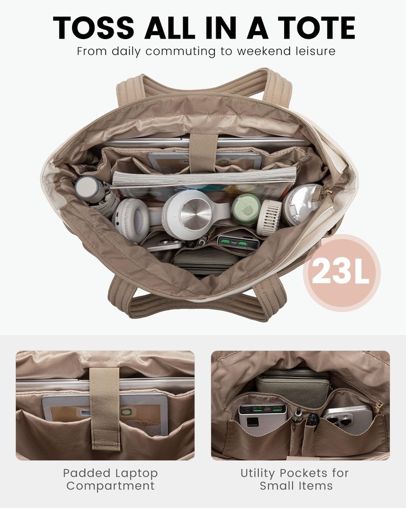LOVEVOOK Puffer Tote Bag with 8 Pockets&Cosmetic Bag, Waterproof Work Bag for Women, Puffer Tote for Women Work, Travel, Gym