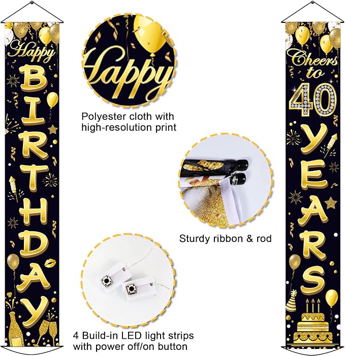 40th Birthday Party Banner Lighted Decorations for Women Men 40 Year Old Lighted Door Banners Black Gold Cheers to 40 Years 1985 Birthday Party Supplies Porch Sign with LED Light for Outside Decor