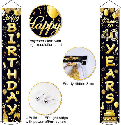 40th Birthday Party Banner Lighted Decorations for Women Men 40 Year Old Lighted Door Banners Black Gold Cheers to 40 Years 1985 Birthday Party Supplies Porch Sign with LED Light for Outside Decor
