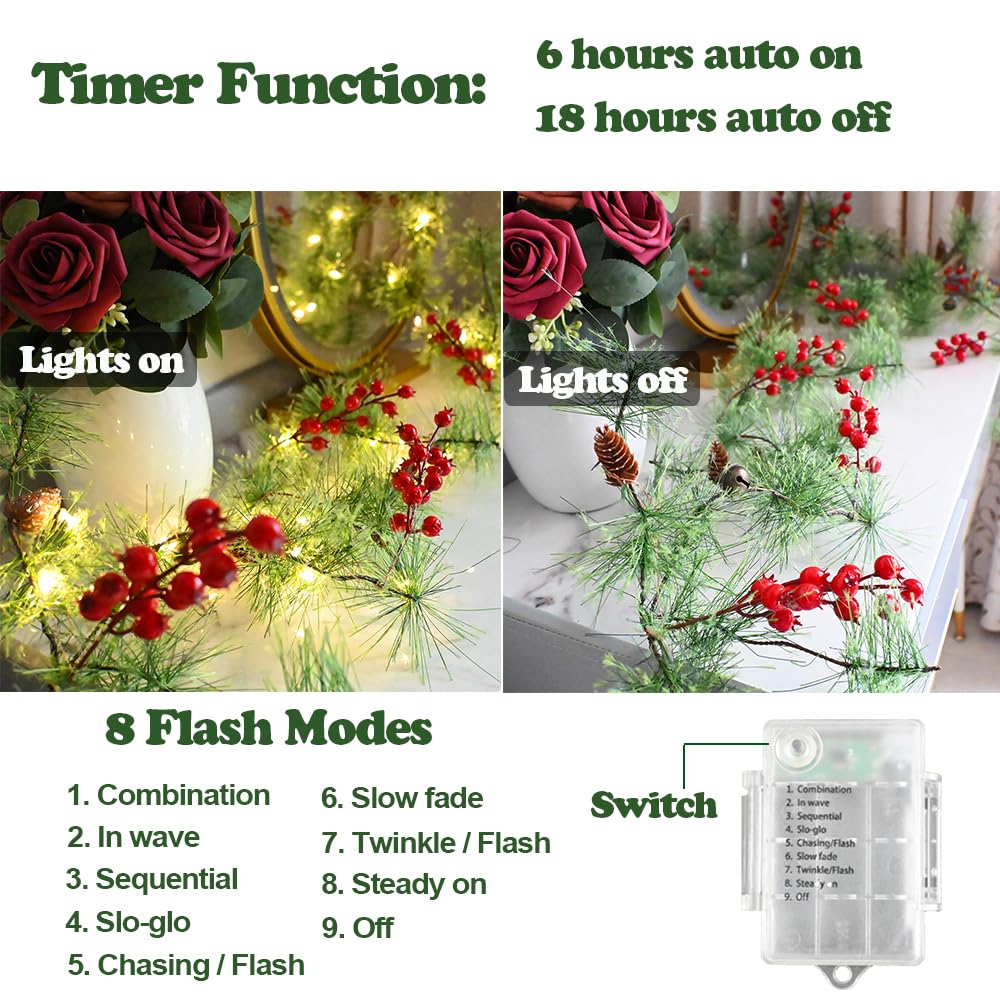 ChiRee Christmas Garlands 6.56FT 30 LED Smokey Pine Garlands with Lights Battery Operated Pine Cone Garland with Red Berry Bells Green Garland Christmas Decorations for Xmas Holiday Indoor Outdoor