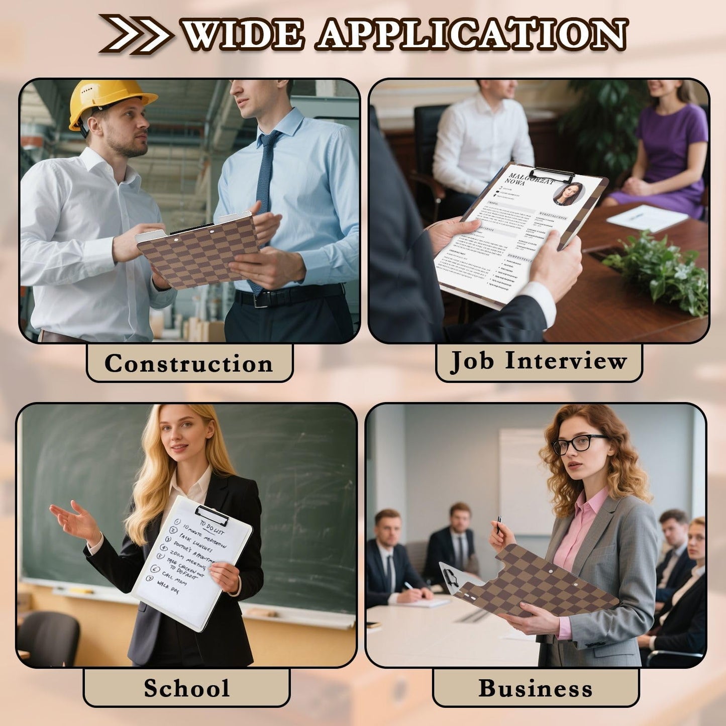 Brown Checkerboard Foldable Clipboard A4 Clipboard Folder with Binders Pen Holder 360° Cover Flip for Work Office Supplies