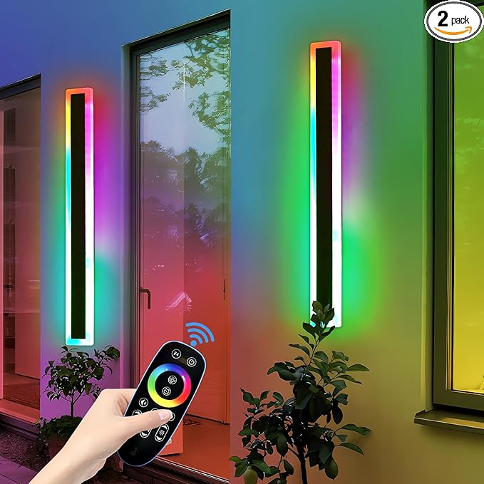 Mikeru 2-Pack 39.3-Inch Wall Light Fixtures, RGB Modern Sconce 10%-100% Dimmable Smart Outdoor Lights Wall Mount With Multiple Modes and 12 Colors for Patio Entryway