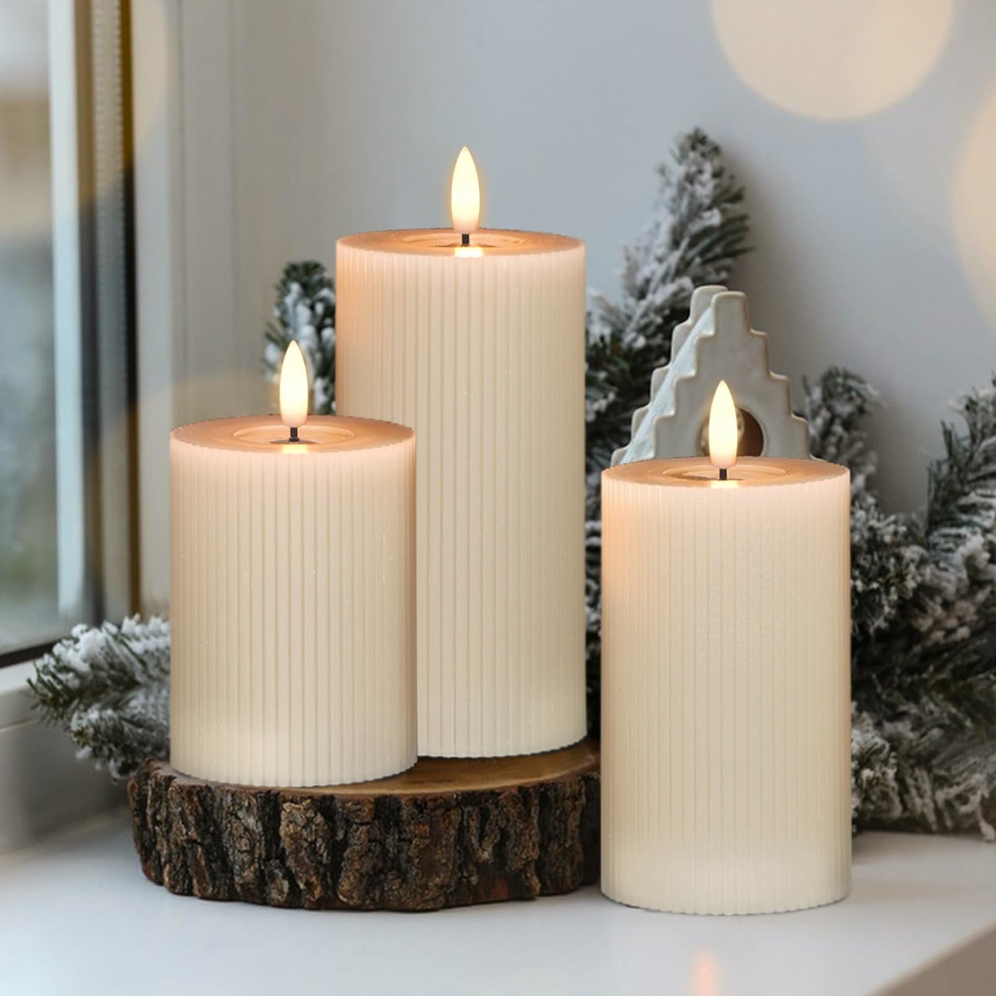 Eldnacele Vertical Stripe Pillar Flameless Candles with 6 Hours Timer, Battery Operated 3D Wick Flickering Warm Lights Real Wax Gray LED Candles Dinner Indoor Holiday Christmas Decor(3Pcs,3"×5"/6"/7")