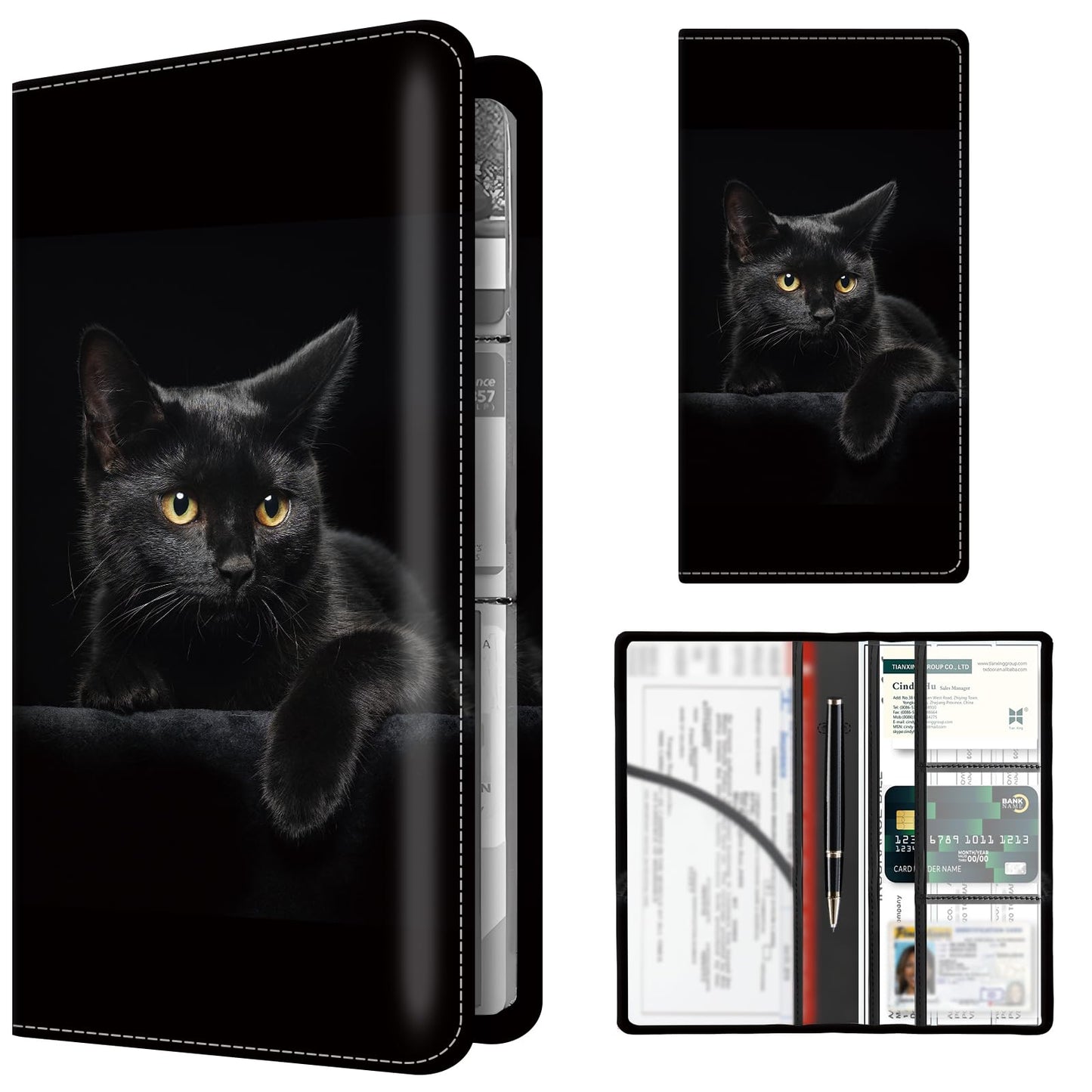 BAUCIWLD Premium Car Registration and Insurance Card Holder, Cute PU Leather Car Document Holder, Vehicle Glove Box Car Organizer with Magnetic Closure for Driver License, Cards Black Cats