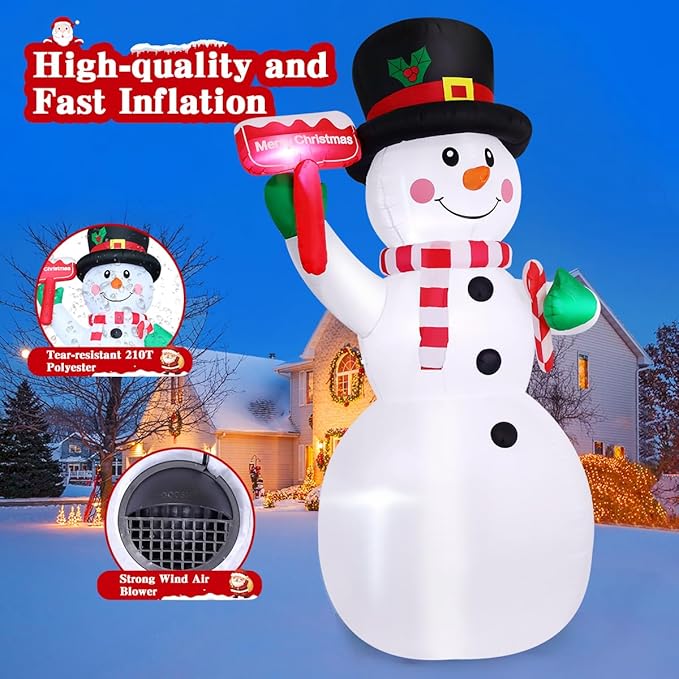 GOOSH 10.3 FT Christmas Inflatables Snowman Outdoor Decoration Blow Up Holds a Red Sign with Built-in LEDs for Garden Lawn Indoor Party Decor