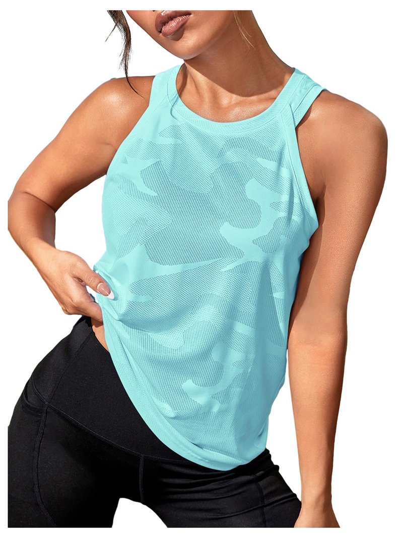 OYOANGLE Women's Camo Print Sleeveless Workout Shirts Exercise Running Tank Tops Active Gym Tops Mint Blue M