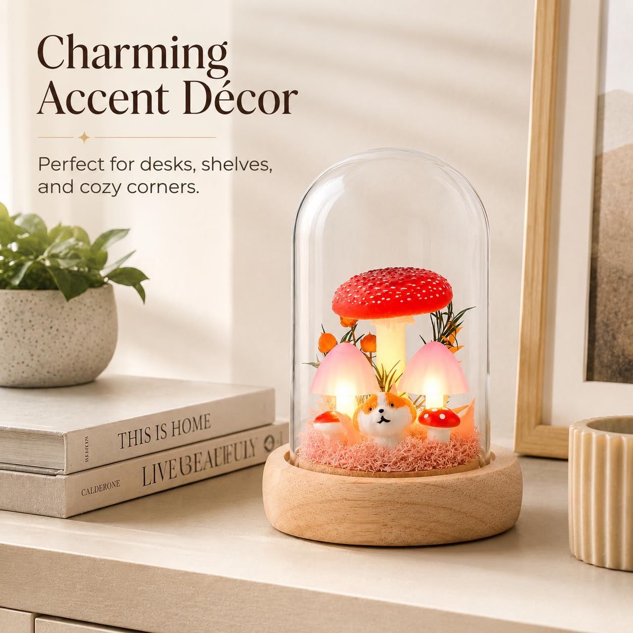 QUELIEN Mushroom Lamp in Glass Dome,Mushroom Gifts for Women - Warm White LED Night Light for Bedroom Decor,Birthday Party Decorations,Ideal Birthday Gift Valentines Gift